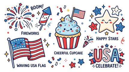 Fototapeta premium Colorful patriotic celebration scene with fireworks and cheerful cupcake decorating a festive USA themed party