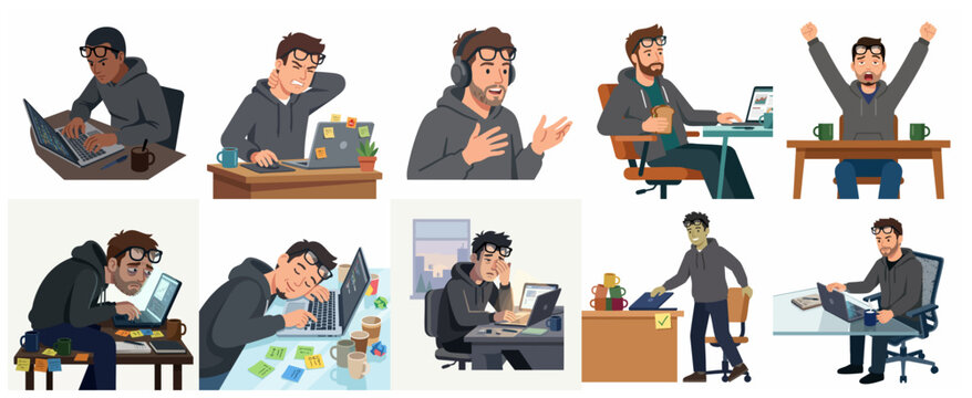 Character set of a software developer or freelancer working at a desk showing different emotions like stress, exhaustion, focus, and success in flat vector style.