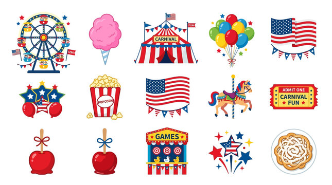 Vibrant American fairground icons displayed on a white background with flags and food.