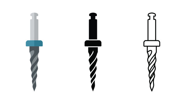 Dental drill bit set icons in flat black and outline style isolated on white background.