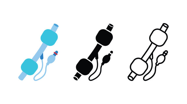 Double cuff endotracheal tube icons set for respiratory support and airway management.