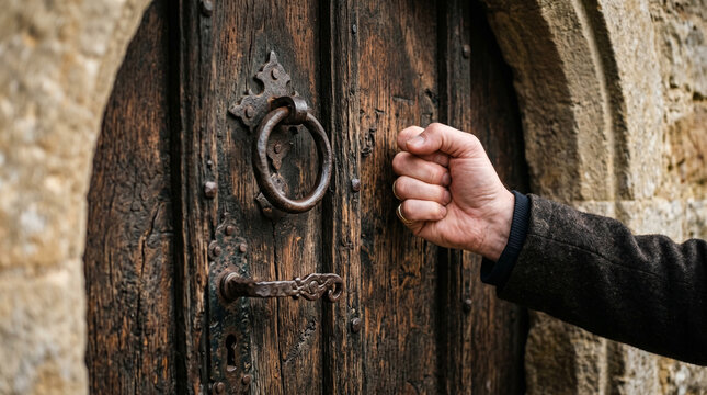 A hand reaching out to knock on an old wooden door with a metal knocker