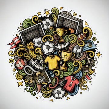 Colorful illustration of sports equipment and symbols