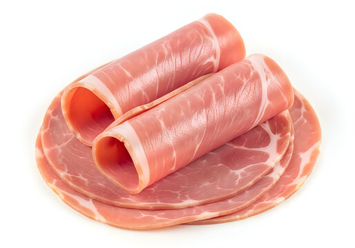 Thinly Sliced Cured Ham Rolled and Stacked on White Background