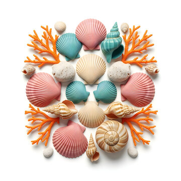 Arrangement of Seashells and Coral Fragments on White Background