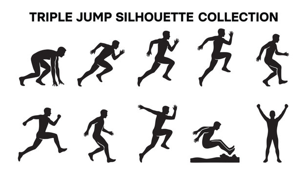 Triple Jump Athlete Silhouette Icon Sheet Set.