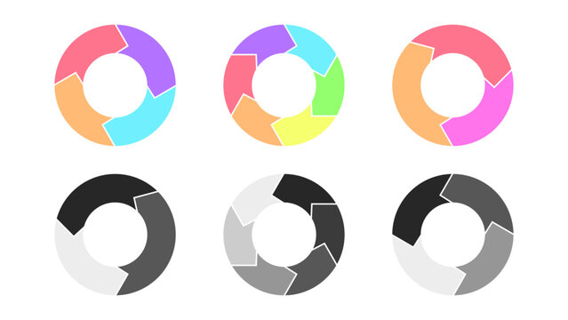 Set of colorful and monochrome circular arrow charts isolated on white background. Minimal vector infographic loop diagram collection for business process.