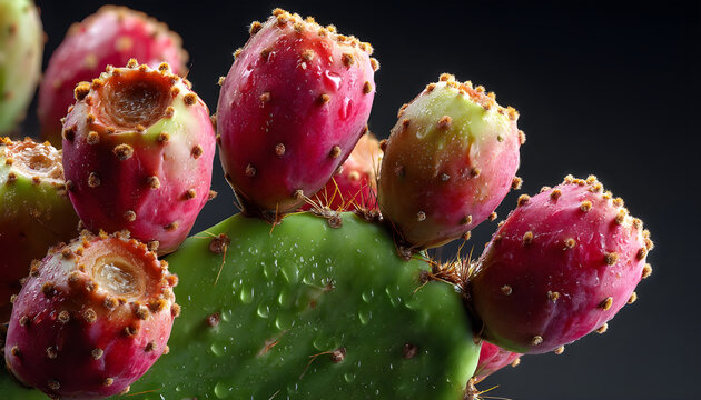 Prickly pear cactus, Opuntia edible fruit macro shot. Fresh tasty sweet whole exotic fruits. Opuntia ficus indica rotating on black background