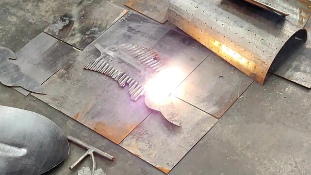 Laser metal cleaning. Several sheets of metal and laser beam cleans surface of the metal from rust and dirt. New modern innovation technologies.