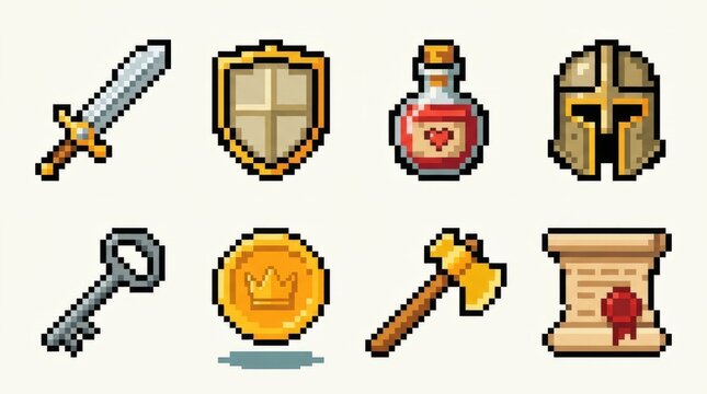 Retro pixel art icons of fantasy game items like sword, shield, potion, and scroll.