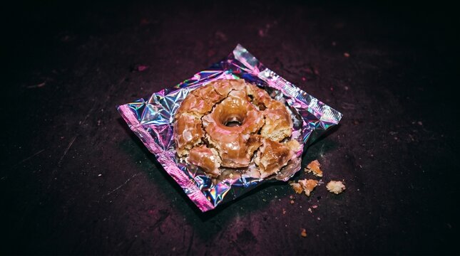 Smashed donut with holographic wrapper in neon club light