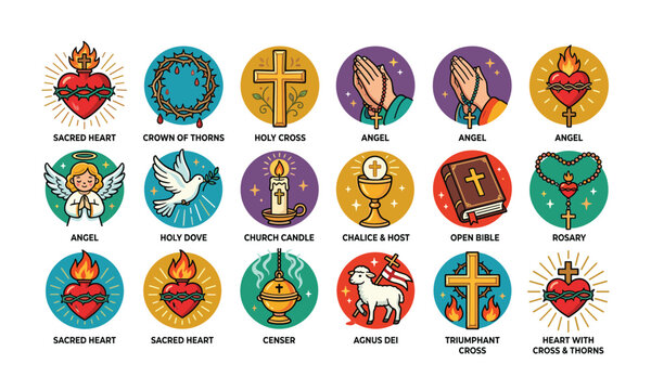 Colorful, flat, vector, Christian, Catholic, religion, icon, set, featuring, sacred, heart, holy, cross, dove, bible, chalice, rosary, church, praying, angel