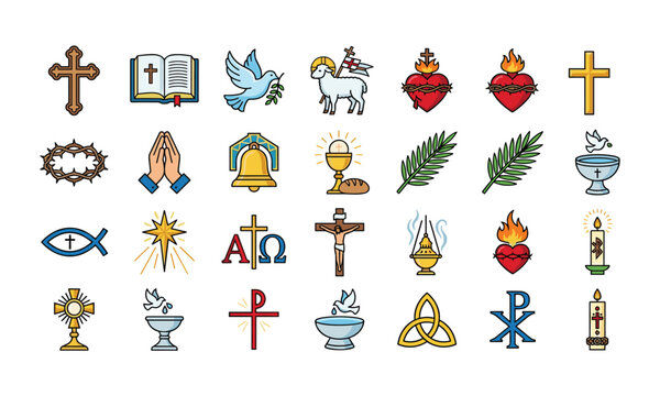 Vector collection of Christian religious symbols, including cross, bible, dove, chalice, crucifix, praying hands, sacred heart, and holy church icons