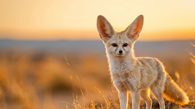 Fennec Fox Standing in Desert Landscape at Golden Hour