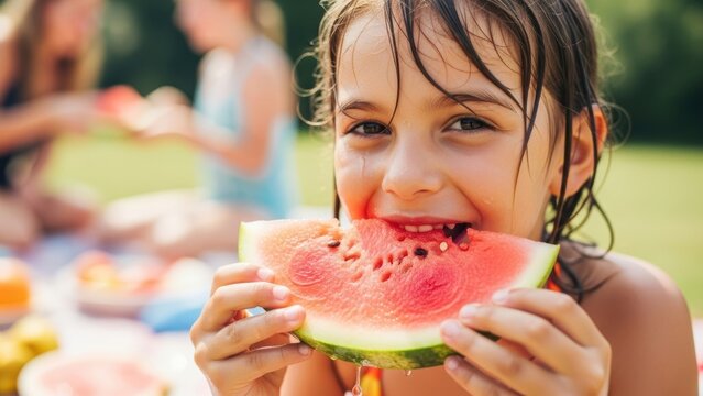 Happy child eats slice of watermelon outdoors in summer.