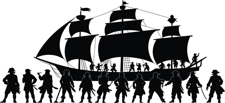 Silhouette of a pirate ship with a crew of pirates standing on deck and in front of the ship sailing