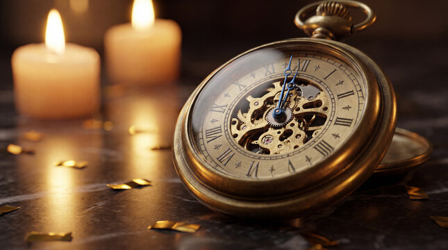 Vintage pocket watch approaching midnight beside candlelight