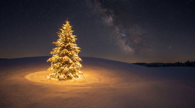 Illuminated Christmas tree under Milky Way above snowy winter landscape