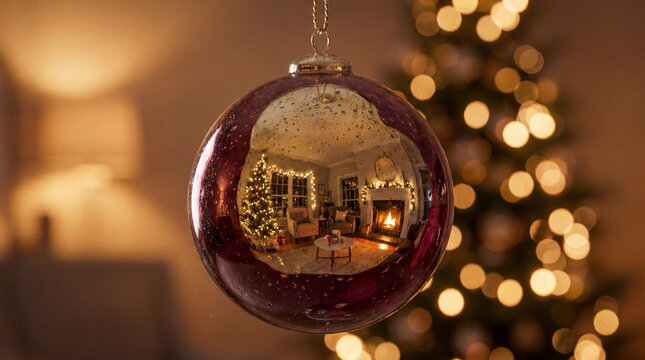 Reflective Christmas ornament with festive living room and fireplace