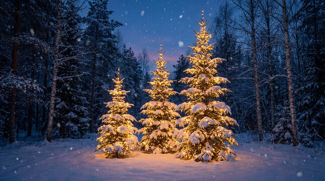 Illuminated Christmas trees in snowy forest during winter snowfall