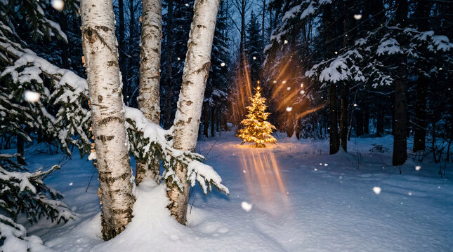 Snowy birch trees framing illuminated Christmas tree in winter forest