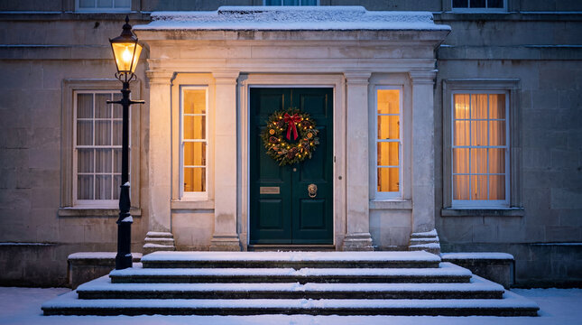 Snow-covered townhouse entrance with Christmas wreath and glowing lantern