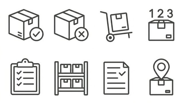 Logistics icons illustrating shipping process, delivery confirmation, and inventory management.