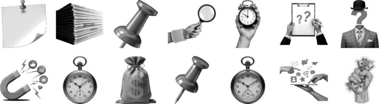 Business office and financial icon collection set with black and white halftone dot effect style including clock money bag magnet and push pin isolated on white background