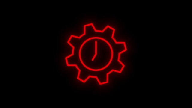 Glowing Neon Red Gear with Counter Clockwise Spinning Clock Hands Animation