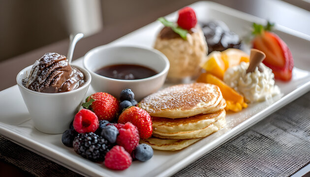 Plate with continental breakfast including fruit pancakes and dessert pieces