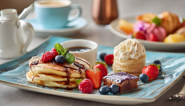 Plate with continental breakfast including fruit pancakes and dessert pieces