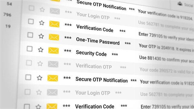 Secure OTP Notification Email Scrolling List. Login OTP, Verification Code, One Time Password, Security Code, Authentication Messages, Account Security, User Protection Updates. 4K 3D Video Animation