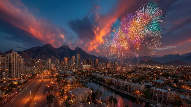 Vibrant cityscape at night celebrating New Yeara??s Eve 2025, colorful fireworks lighting up the sky