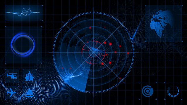 High-tech military radar screen is scanning air traffic and sea area boats and ships with artificial intelligence alert with red dots