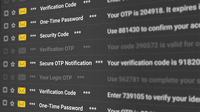 Secure OTP Notification Email Scrolling List on Dark Background. Login OTP, Verification Code, One Time Password, Security Code, Authentication Messages, Account Security. 4K 3D Video Animation