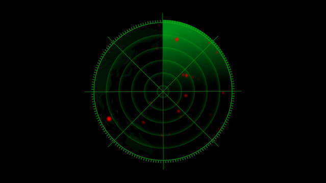 High-tech military radar screen is scanning air traffic and sea area boats and ships with artificial intelligence alert with red dots