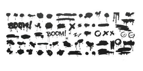 Set of black graffiti spray paint splatters and drips with boom text and abstract shapes © Sharmin