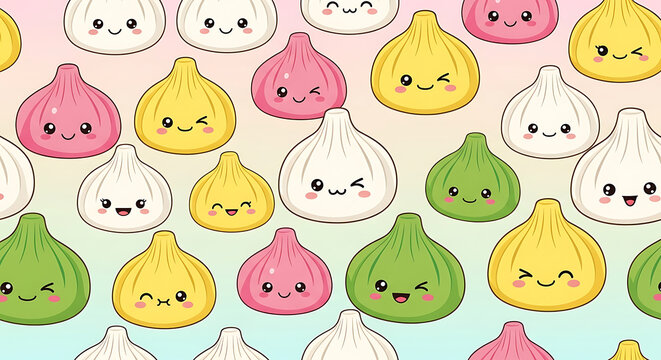 Seamless repeating pattern featuring adorable modak kawaii characters. Traditional Indian steamed sweet dumplings illustration for festive celebration with various colors and facial expressions.