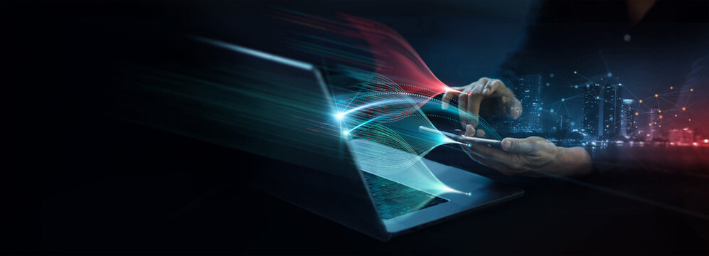 Business Data analytics, data science, Abstract Data flow on network, Analyst uses a computer for analysis transferring complex on big data, Ai algorithm, Deep machine learning.