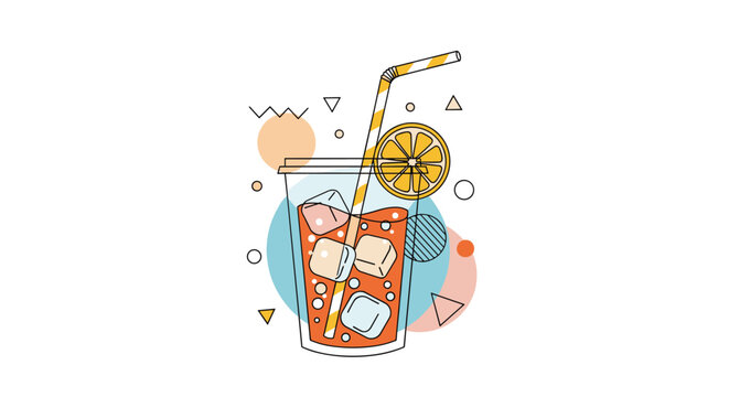 Refreshing iced orange drink in a plastic cup with a striped straw is set against a trendy abstract geometric backdrop.