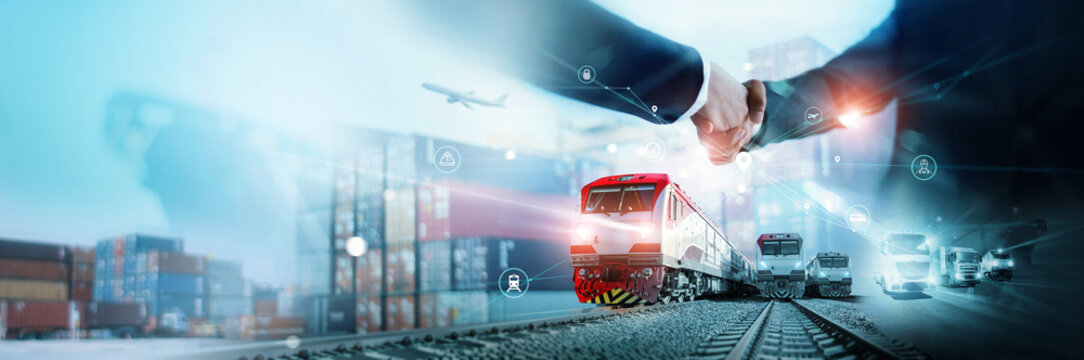 Logistics and transportation, Distribution, Networking smart logistics, Businessman making handshake partnership business partners for successful business investment deal teamwork, Export import.
