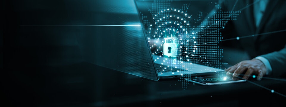 Cyber security,Businessman using fingerprint scanning unlock and access to business data network, Biometric identification, Cyber padlock protect business transaction from online digital cyber attack.