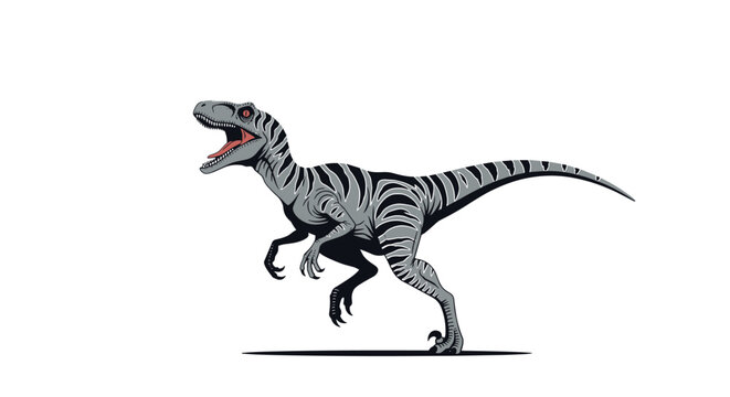 Menacing raptor dinosaur with sharp claws and striped gray skin is depicted in a dynamic running or pouncing pose.