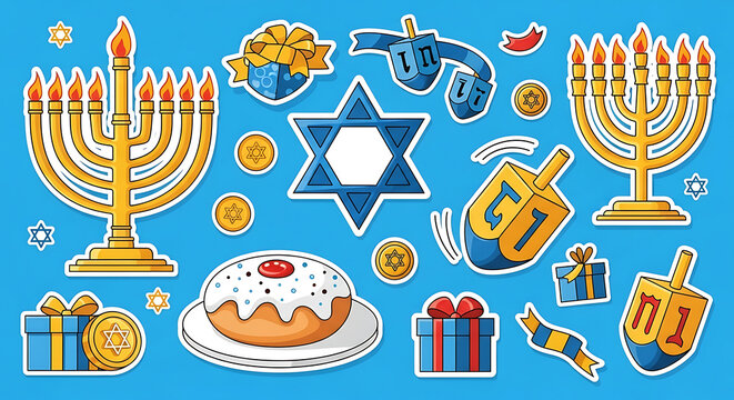 Bright Hanukkah sticker set with traditional Jewish symbols including menorah, David star, sufganiyah, and dreidel on blue background, flat cartoon vector illustration festive holiday collection.