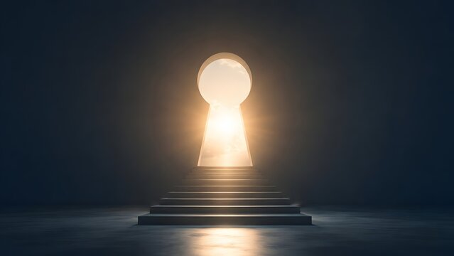 Staircase leading to a giant keyhole opening filled with bright sunlight, symbolizing opportunity, secret to success and career advancement goals