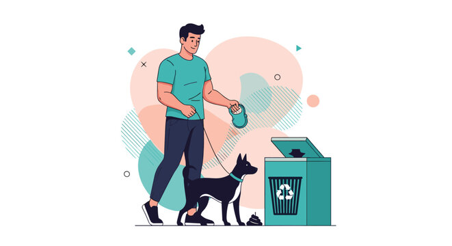 Responsible man walking his dog and picking up waste to put in a green recycle bin in a modern park setting.