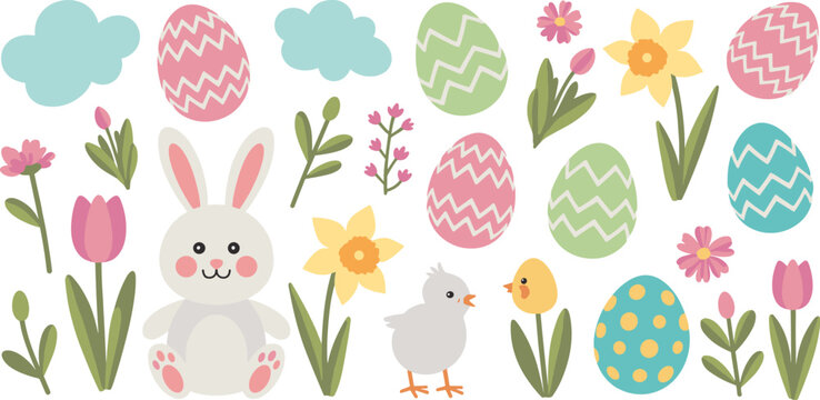 Easter bunny, chicks, and decorated eggs with spring flowers and clouds rabbit chicken