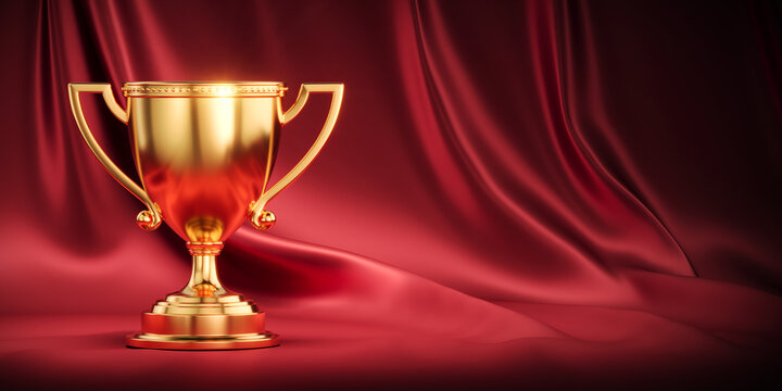 Golden winner trophy cup on a luxurious red fabric background. Shiny gold award symbolizes success achievement championship and victory in competition. 3d illustration