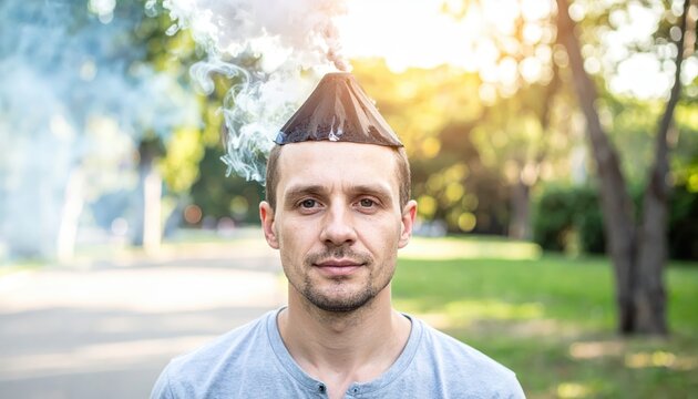 Man with volcano hat gently puffing smoke outdoors on a sunny day