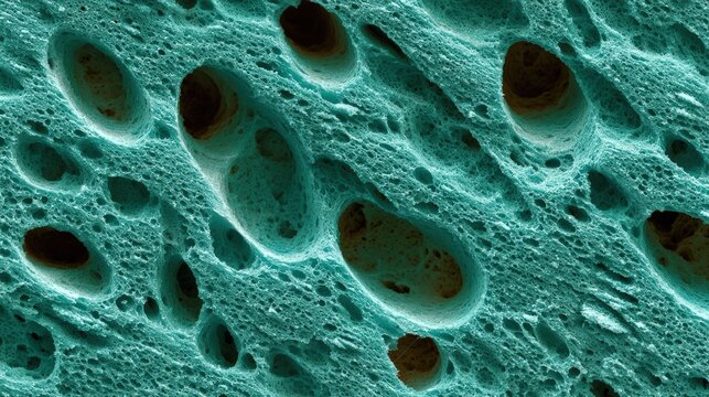 Close-up microscopic view of porous bone tissue showing detailed internal structure with cavities and trabeculae in shades of blue and black, abstract vegetable background for kids